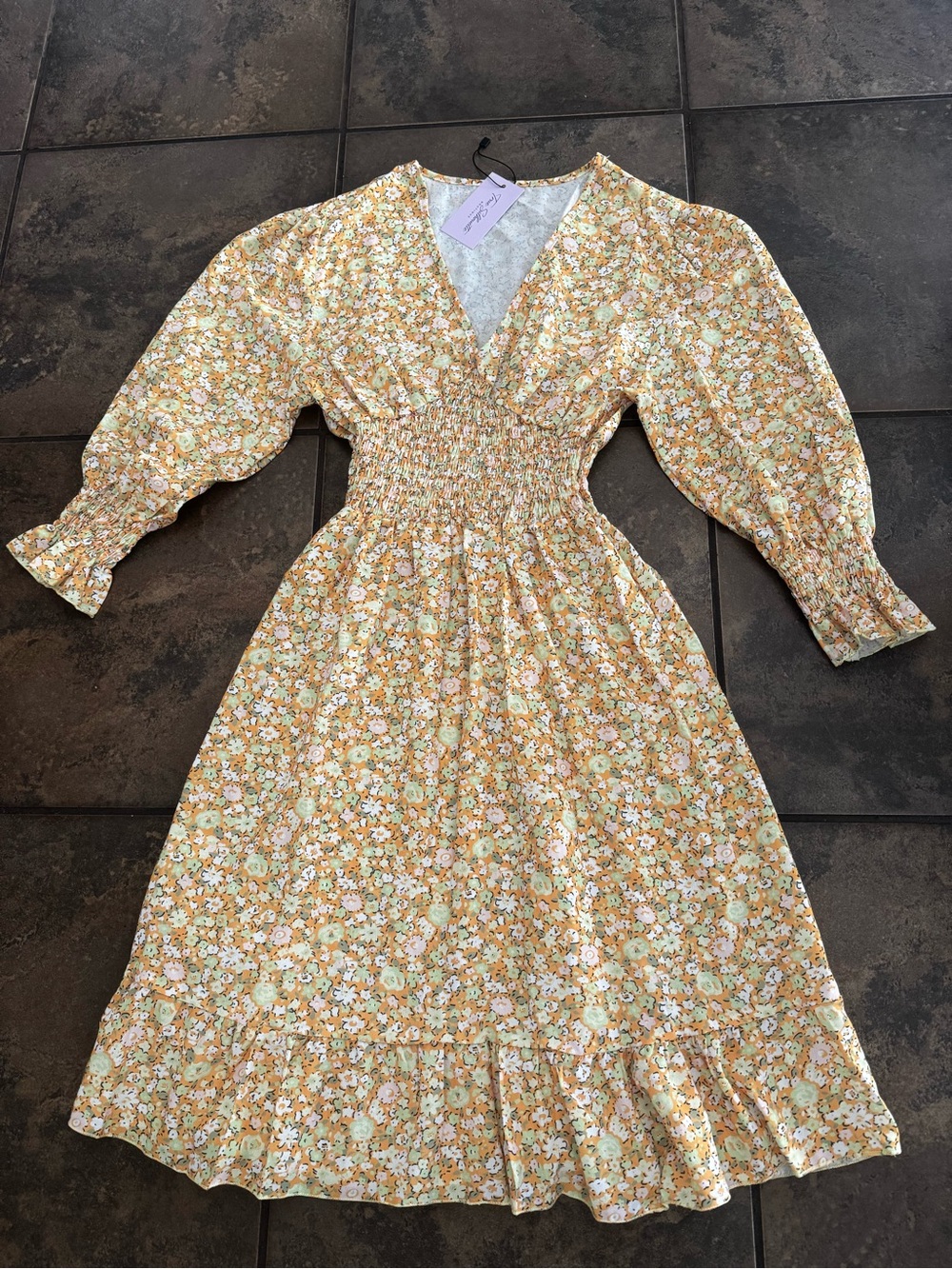 Yellow Floral Smocked Midi Dress with Puff Sleeves